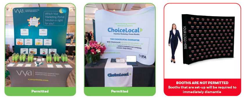 Diagram of an approved FLDC table-top setup: a single 6-foot draped table with a pull-up banner positioned directly behind it.