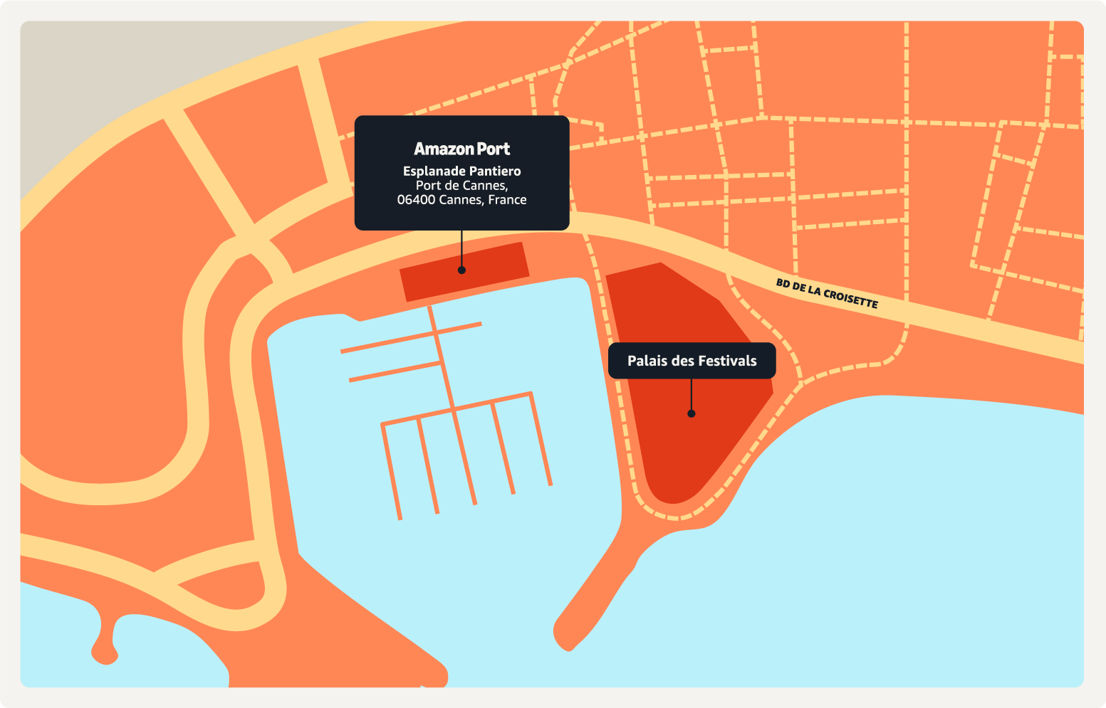 Map showing Amazon Port at Esplanade Pantiero, Port de Cannes, 06400 Cannes, France, with Palais des Festivals nearby
